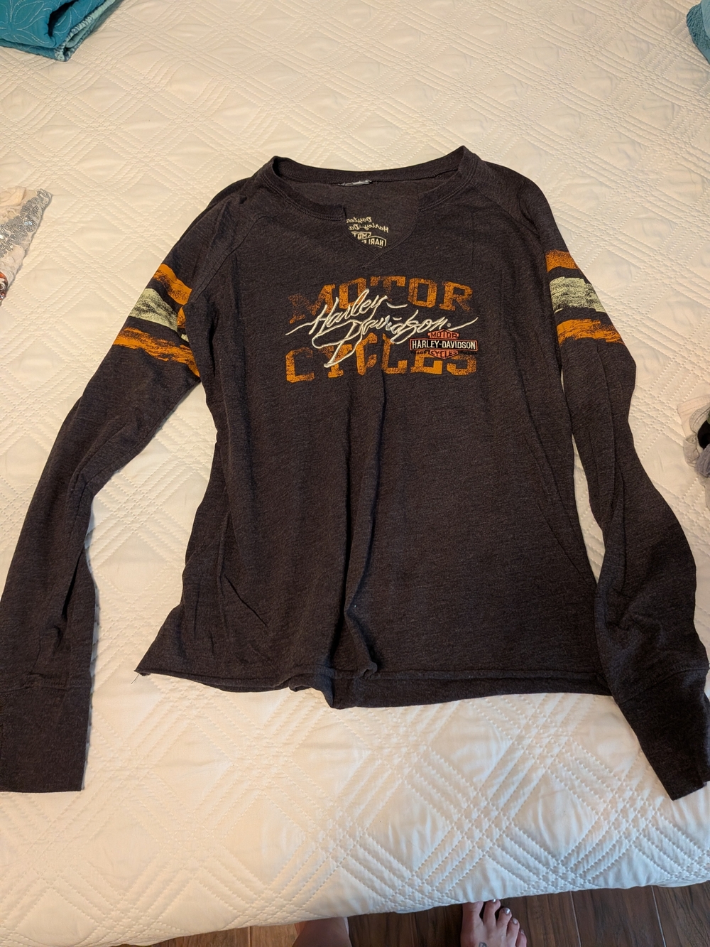 Harley-Davidson Women's Long Sleeve Graphic Tee in Charcoal with Orange Stripes